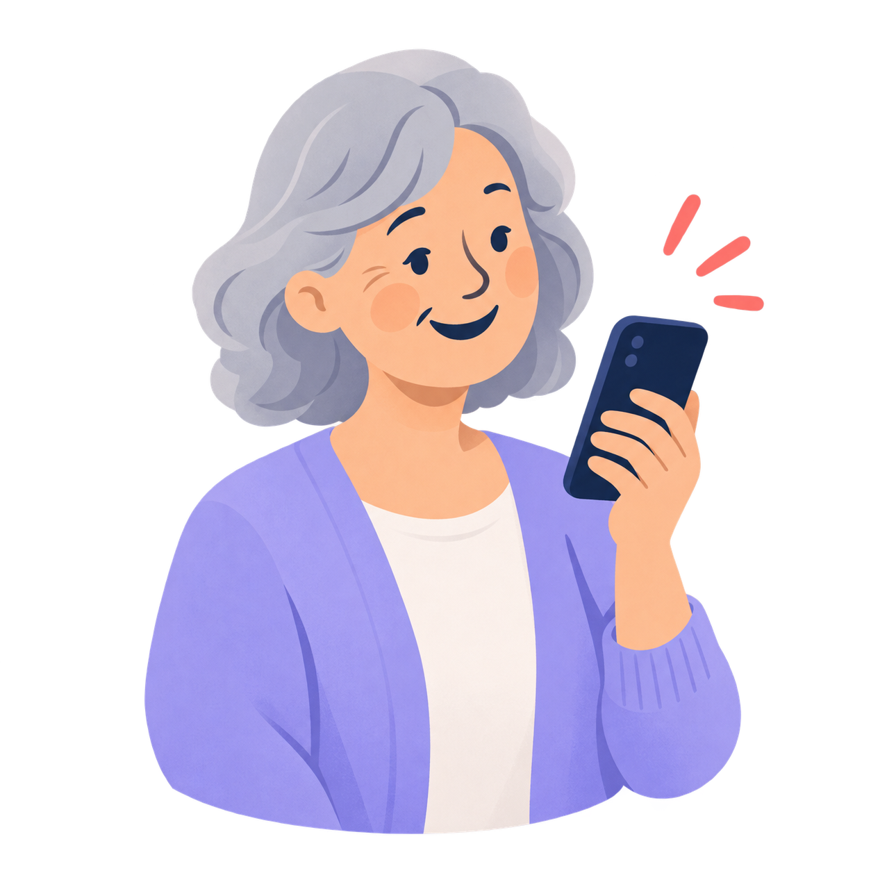 An older woman smiling at her phone